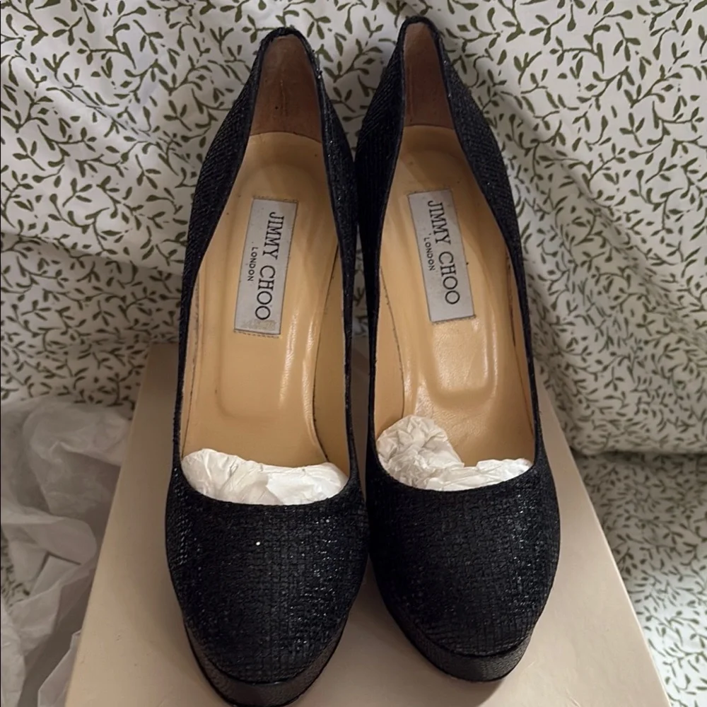 Jimmy Choo Black Glitter Platform Heels - Picture 2 of 8